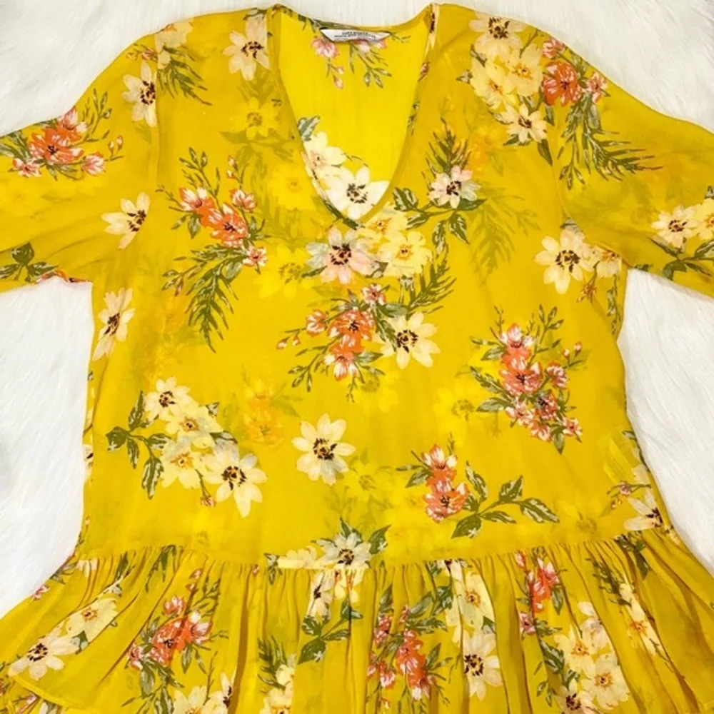Zara Boho Blouse Oversized Floral Sheer Chiffon Yellow Top V-neck - Picture 3 of 10